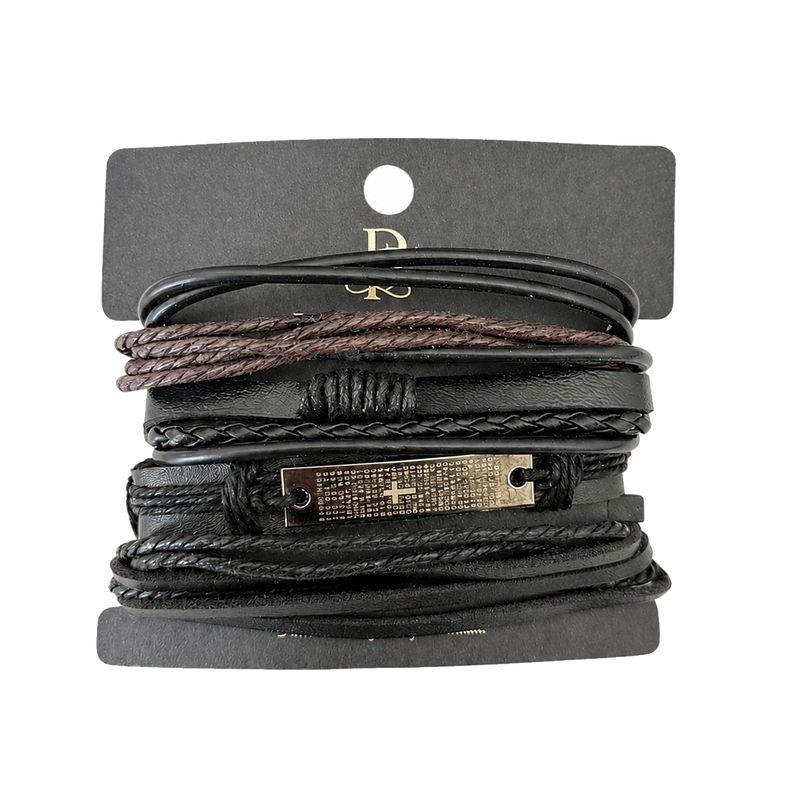 Passarelli 4-Piece Black Leather Bracelet Stack Set with Bible Verse Plate