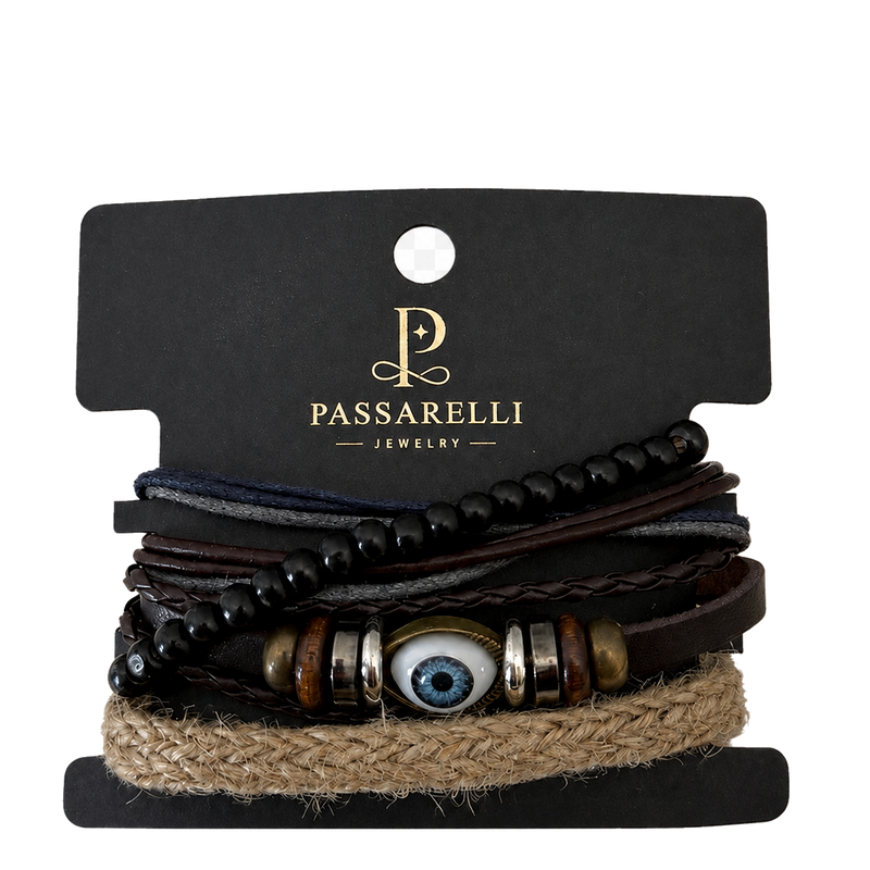 Passarelli 4-Piece Evil Eye Bracelet Stack Set with Jute & Leather