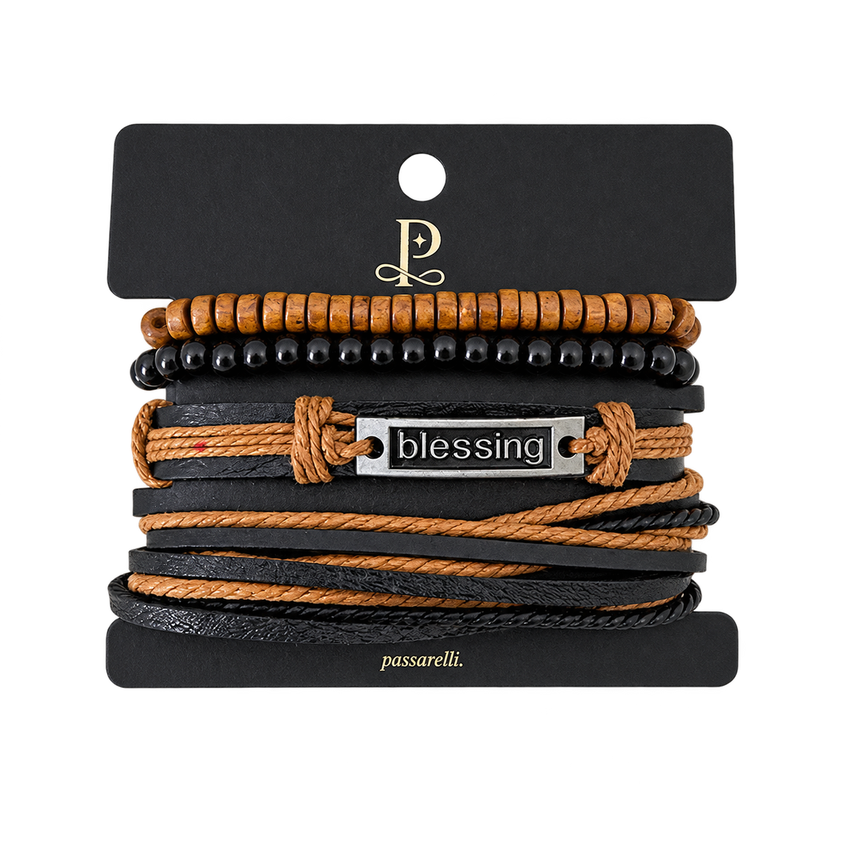 Passarelli 4-piece bracelet stack set featuring wooden bead, black onyx bead, blessing charm, and multi-strand leather and rope bracelets