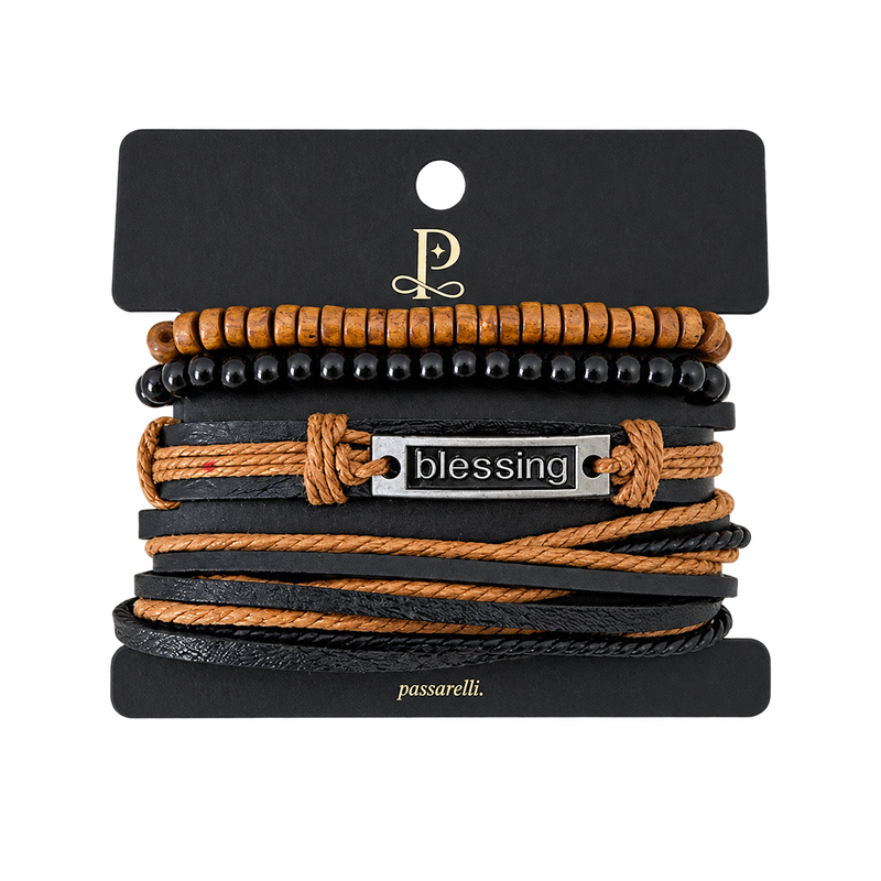 Passarelli 4-Piece Blessing Bracelet Stack Set with Wood & Onyx Beads