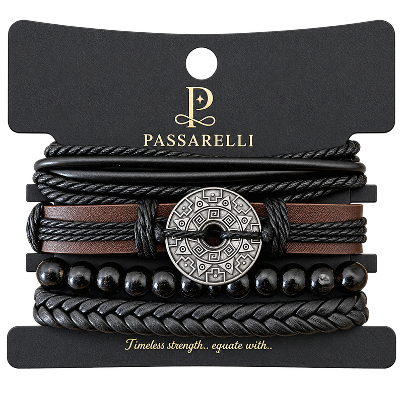 Passarelli 4-Piece Black Leather Bracelet Stack Set with Aztec Medallion